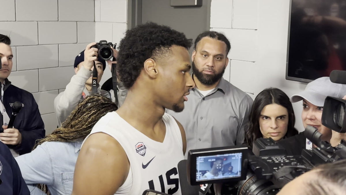 Bronny James speaks to reporters after Nike Hoop Summit showcase